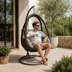 SOLARA Single Rattan Hanging Chair with Stable Base Double Chain and Thick Cushion for Indoor Outdoor Use - Black