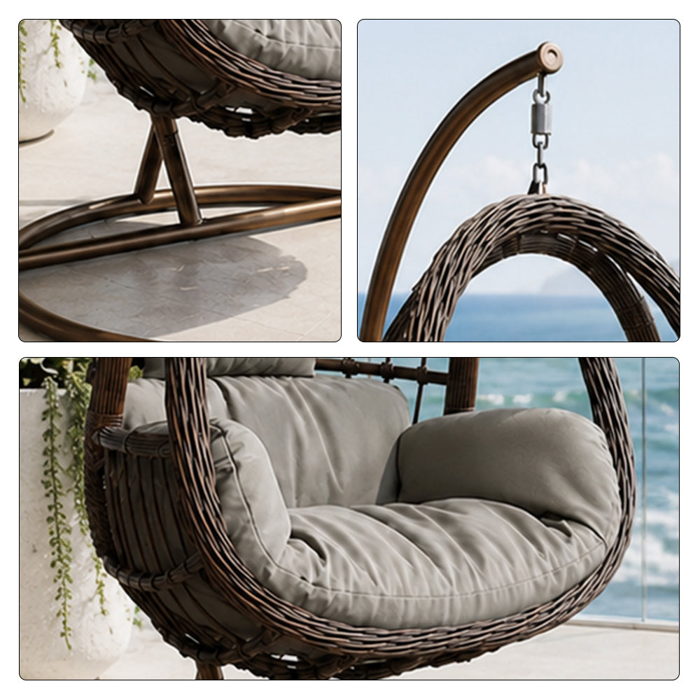 SOLARA Single Rattan Hanging Chair with Stable Base Double Chain and Thick Cushion for Indoor Outdoor Use - Black