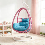 SOLARA Single Rattan Hanging Chair with Stable Base Double Chain and Thick Cushion for Indoor Outdoor Use - Pink