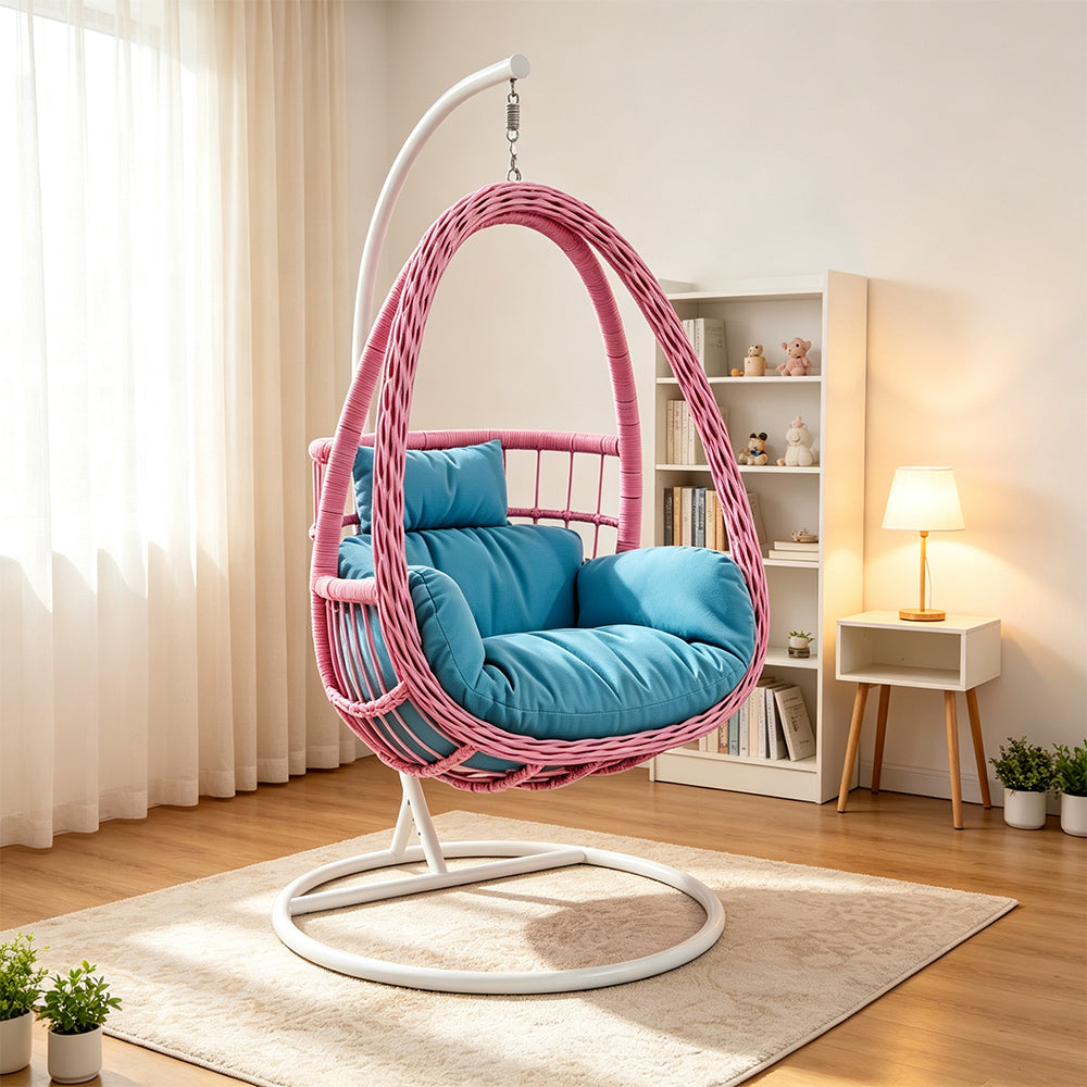 SOLARA Single Rattan Hanging Chair with Stable Base Double Chain and Thick Cushion for Indoor Outdoor Use - Pink