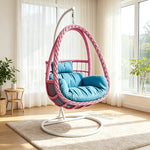 SOLARA Single Rattan Hanging Chair with Stable Base Double Chain and Thick Cushion for Indoor Outdoor Use - Pink