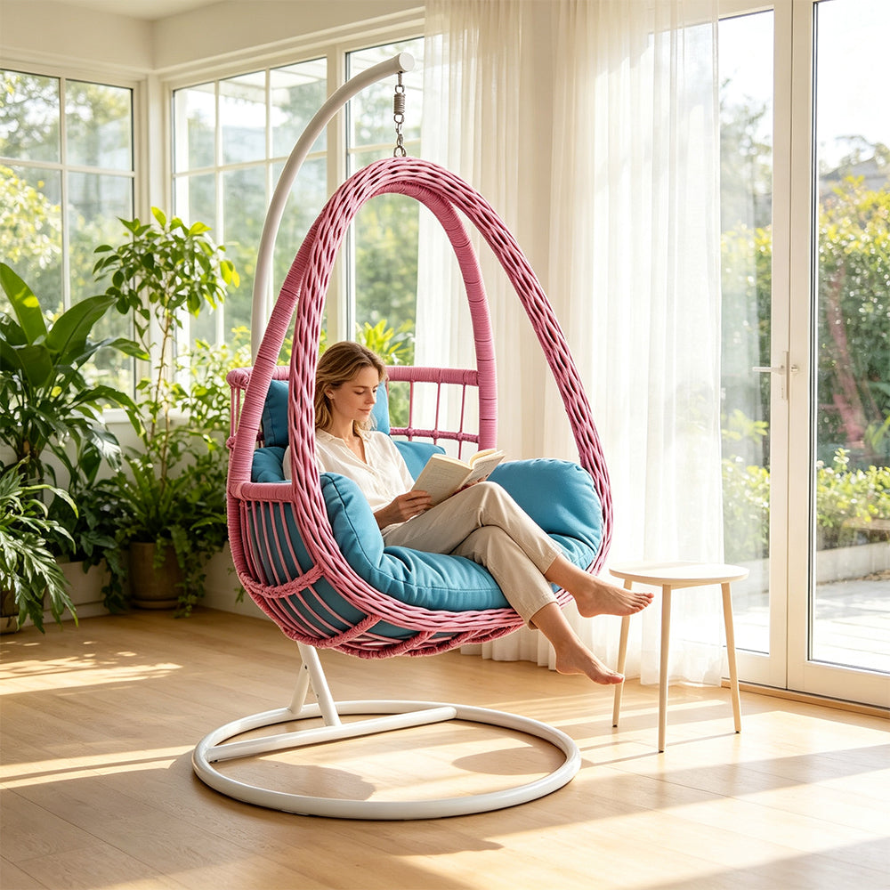SOLARA Single Rattan Hanging Chair with Stable Base Double Chain and Thick Cushion for Indoor Outdoor Use - Pink