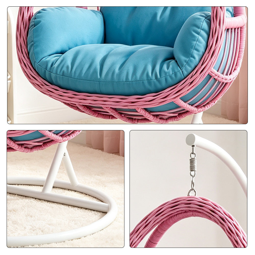 SOLARA Single Rattan Hanging Chair with Stable Base Double Chain and Thick Cushion for Indoor Outdoor Use - Pink