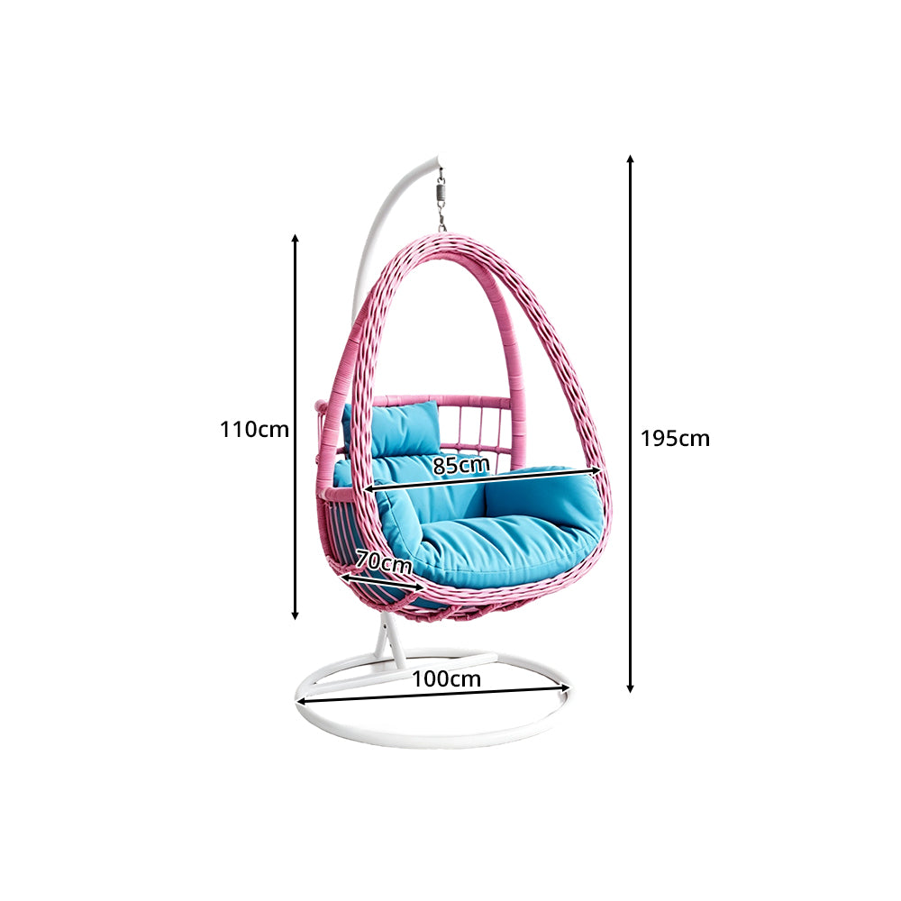 SOLARA Single Rattan Hanging Chair with Stable Base Double Chain and Thick Cushion for Indoor Outdoor Use - Pink