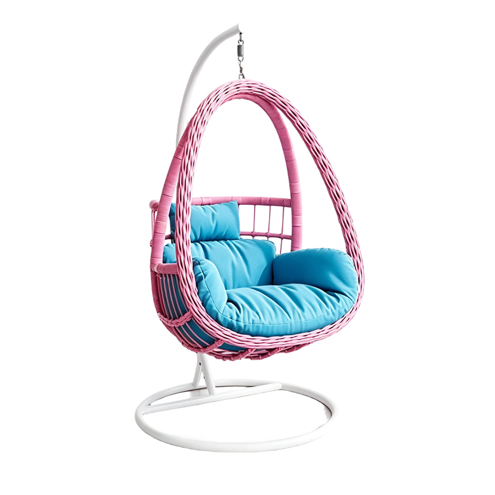 SOLARA Single Rattan Hanging Chair with Stable Base Double Chain and Thick Cushion for Indoor Outdoor Use - Pink
