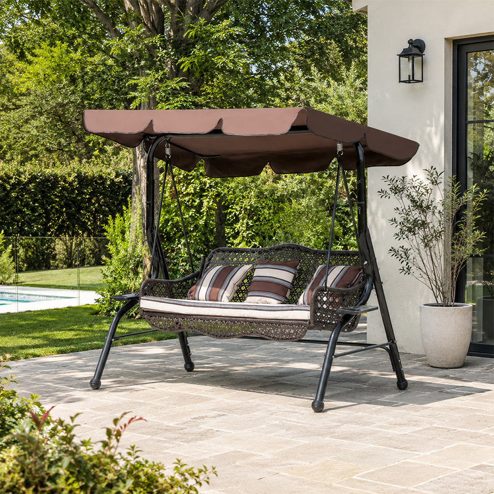 SOLARA 3-Seater Outdoor Swing Chair PE Rattan with Adjustable Canopy and Cushions for Patio Garden