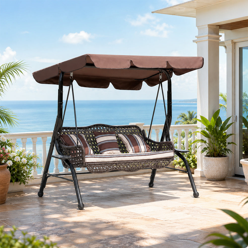 SOLARA 3-Seater Outdoor Swing Chair PE Rattan with Adjustable Canopy and Cushions for Patio Garden
