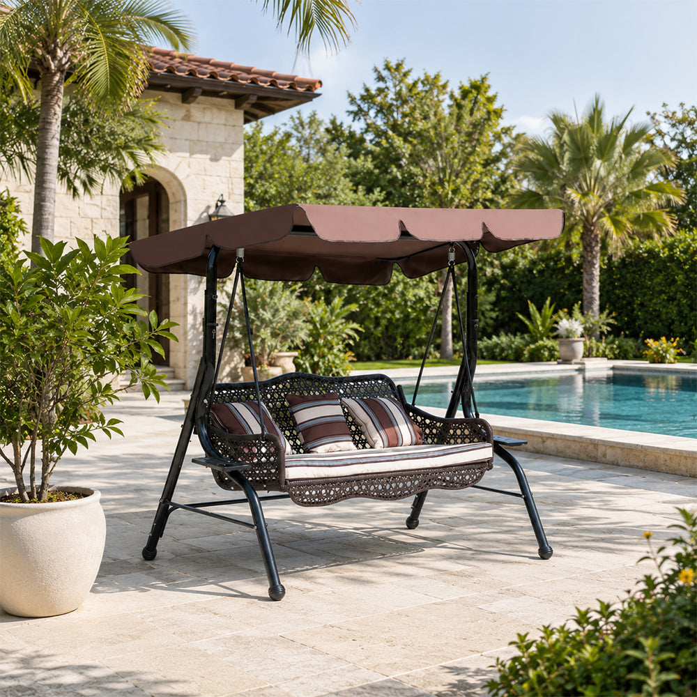 SOLARA 3-Seater Outdoor Swing Chair PE Rattan with Adjustable Canopy and Cushions for Patio Garden