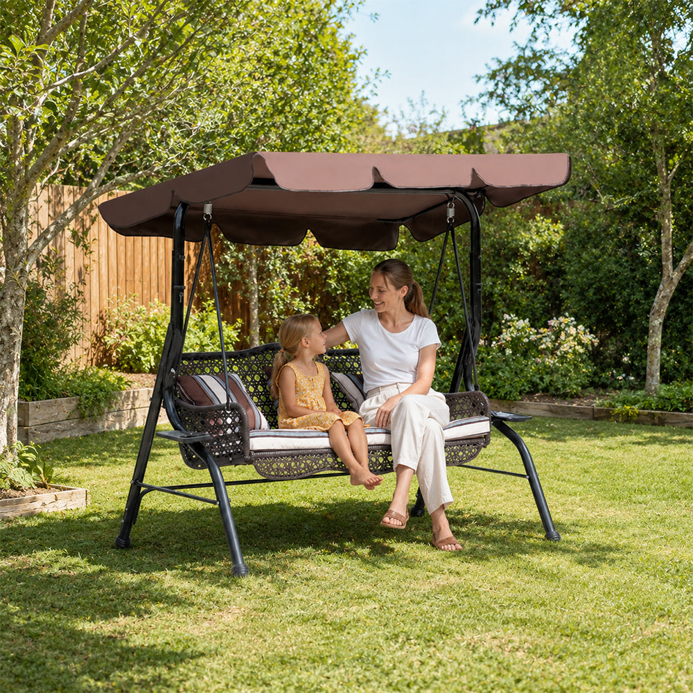 SOLARA 3-Seater Outdoor Swing Chair PE Rattan with Adjustable Canopy and Cushions for Patio Garden
