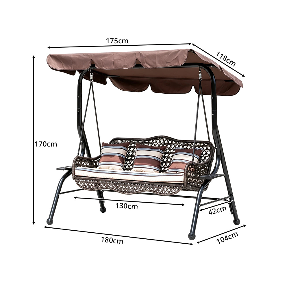 SOLARA 3-Seater Outdoor Swing Chair PE Rattan with Adjustable Canopy and Cushions for Patio Garden