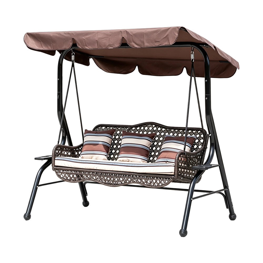 SOLARA 3-Seater Outdoor Swing Chair PE Rattan with Adjustable Canopy and Cushions for Patio Garden