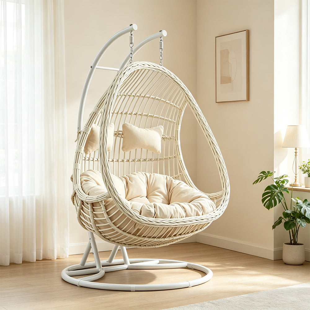 SOLARA Double Hanging Basket Chair Bean-Shaped PE Rattan Wood-Look Design for Balcony Living Room Garden - White