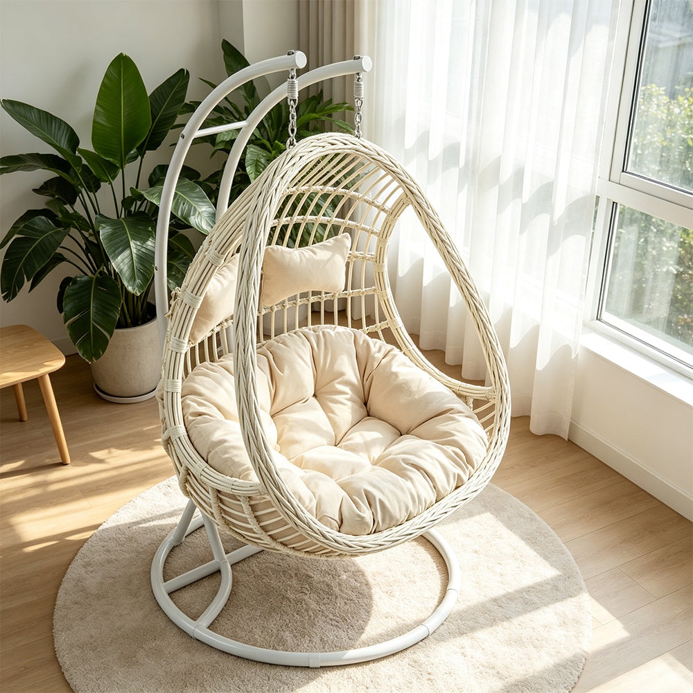 SOLARA Double Hanging Basket Chair Bean-Shaped PE Rattan Wood-Look Design for Balcony Living Room Garden - White