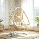 SOLARA Double Hanging Basket Chair Bean-Shaped PE Rattan Wood-Look Design for Balcony Living Room Garden - White