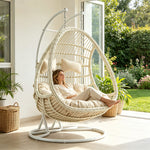 SOLARA Double Hanging Basket Chair Bean-Shaped PE Rattan Wood-Look Design for Balcony Living Room Garden - White
