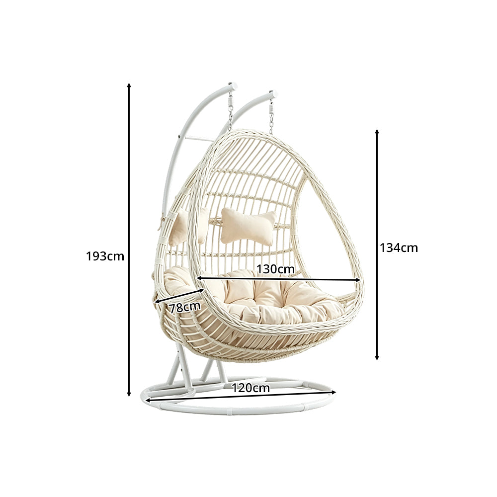 SOLARA Double Hanging Basket Chair Bean-Shaped PE Rattan Wood-Look Design for Balcony Living Room Garden - White