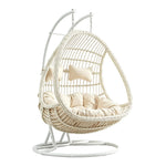 SOLARA Double Hanging Basket Chair Bean-Shaped PE Rattan Wood-Look Design for Balcony Living Room Garden - White