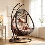 SOLARA Double Hanging Basket Chair Bean-Shaped PE Rattan Wood-Look Design for Balcony Living Room Garden - Black