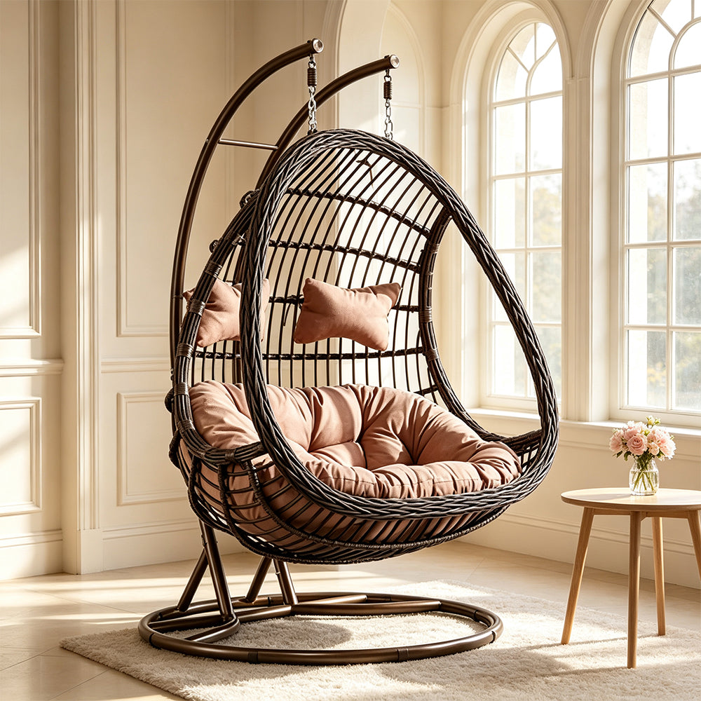 SOLARA Double Hanging Basket Chair Bean-Shaped PE Rattan Wood-Look Design for Balcony Living Room Garden - Black