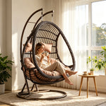 SOLARA Double Hanging Basket Chair Bean-Shaped PE Rattan Wood-Look Design for Balcony Living Room Garden - Black