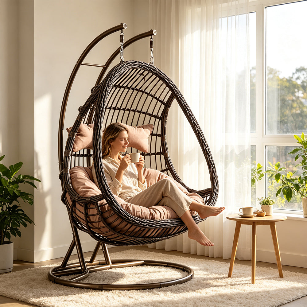 SOLARA Double Hanging Basket Chair Bean-Shaped PE Rattan Wood-Look Design for Balcony Living Room Garden - Black
