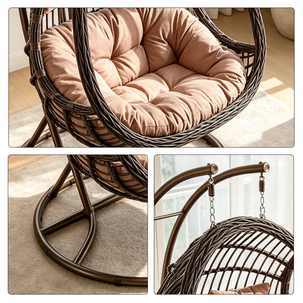 SOLARA Double Hanging Basket Chair Bean-Shaped PE Rattan Wood-Look Design for Balcony Living Room Garden - Black