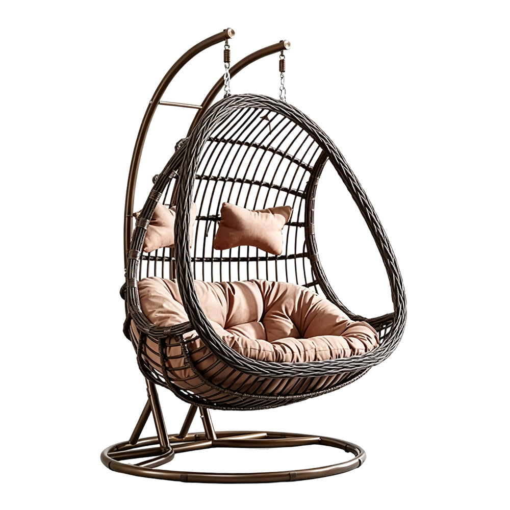 SOLARA Double Hanging Basket Chair Bean-Shaped PE Rattan Wood-Look Design for Balcony Living Room Garden - Black