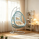 SOLARA Double Hanging Basket Chair Bean-Shaped PE Rattan Wood-Look Design for Balcony Living Room Garden - Blue