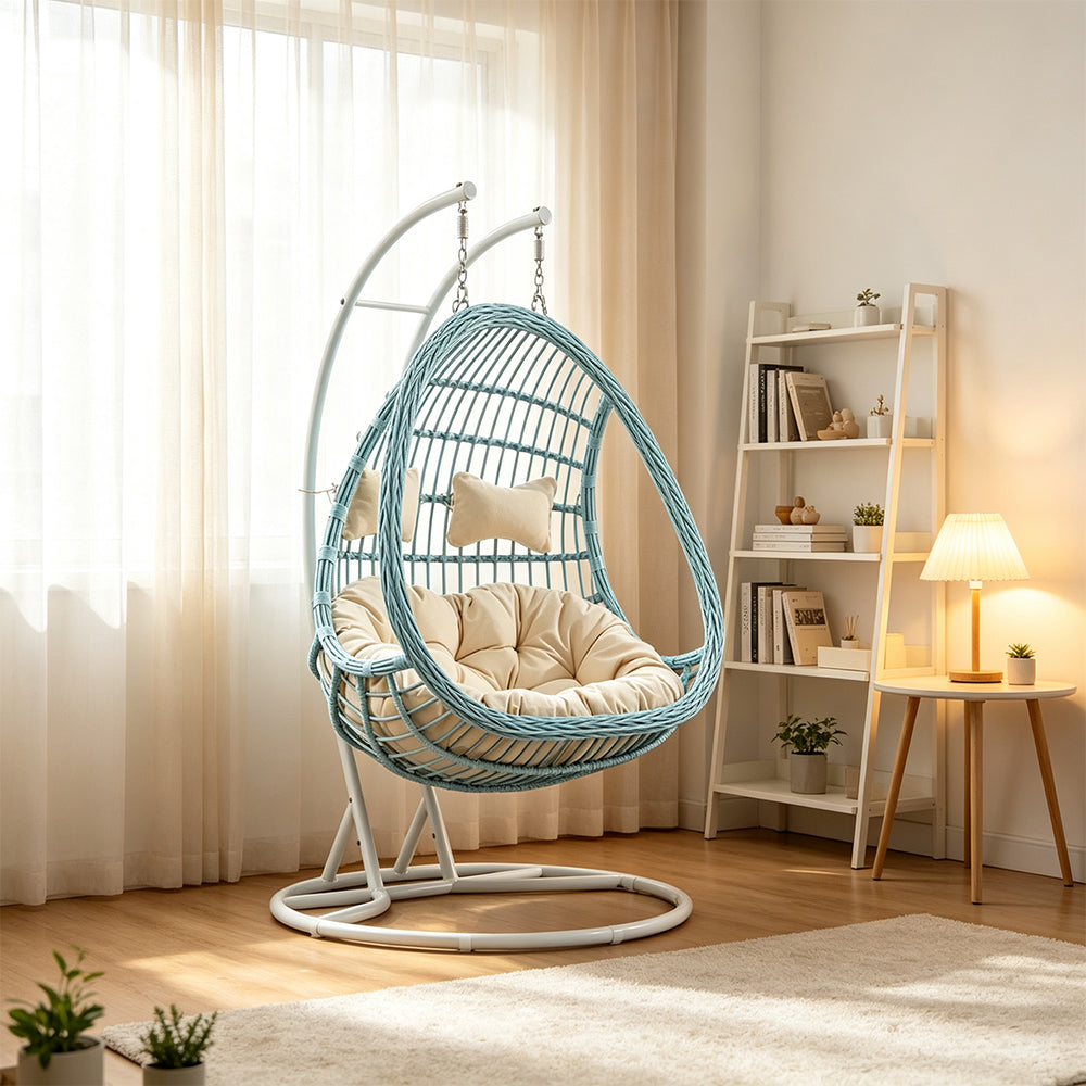 SOLARA Double Hanging Basket Chair Bean-Shaped PE Rattan Wood-Look Design for Balcony Living Room Garden - Blue