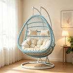 SOLARA Double Hanging Basket Chair Bean-Shaped PE Rattan Wood-Look Design for Balcony Living Room Garden - Blue