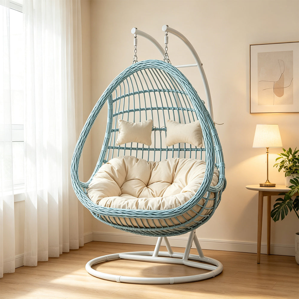 SOLARA Double Hanging Basket Chair Bean-Shaped PE Rattan Wood-Look Design for Balcony Living Room Garden - Blue