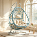 SOLARA Double Hanging Basket Chair Bean-Shaped PE Rattan Wood-Look Design for Balcony Living Room Garden - Blue