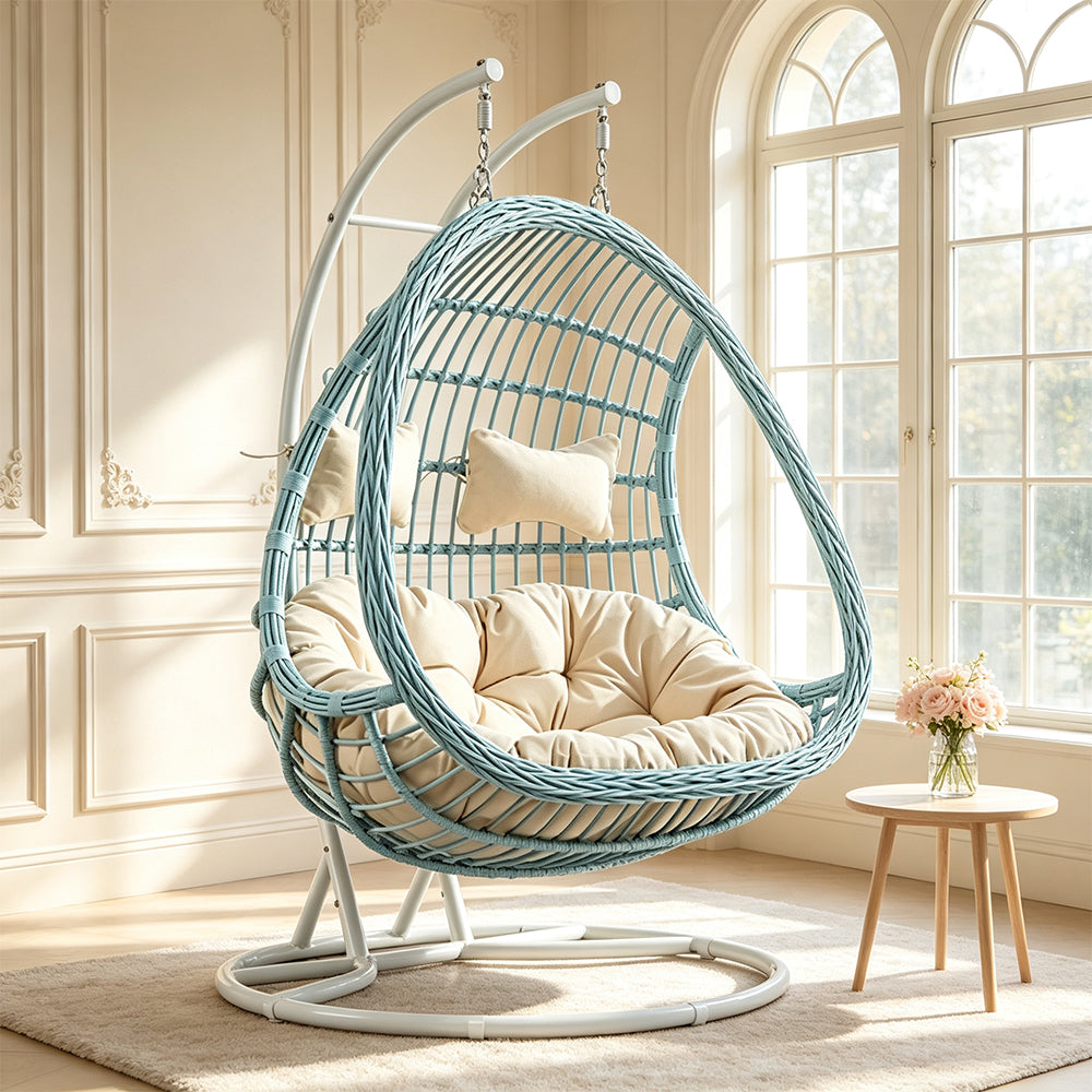 SOLARA Double Hanging Basket Chair Bean-Shaped PE Rattan Wood-Look Design for Balcony Living Room Garden - Blue
