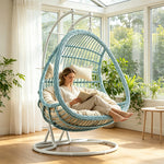 SOLARA Double Hanging Basket Chair Bean-Shaped PE Rattan Wood-Look Design for Balcony Living Room Garden - Blue