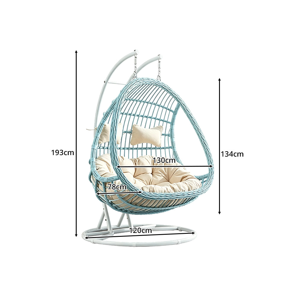 SOLARA Double Hanging Basket Chair Bean-Shaped PE Rattan Wood-Look Design for Balcony Living Room Garden - Blue
