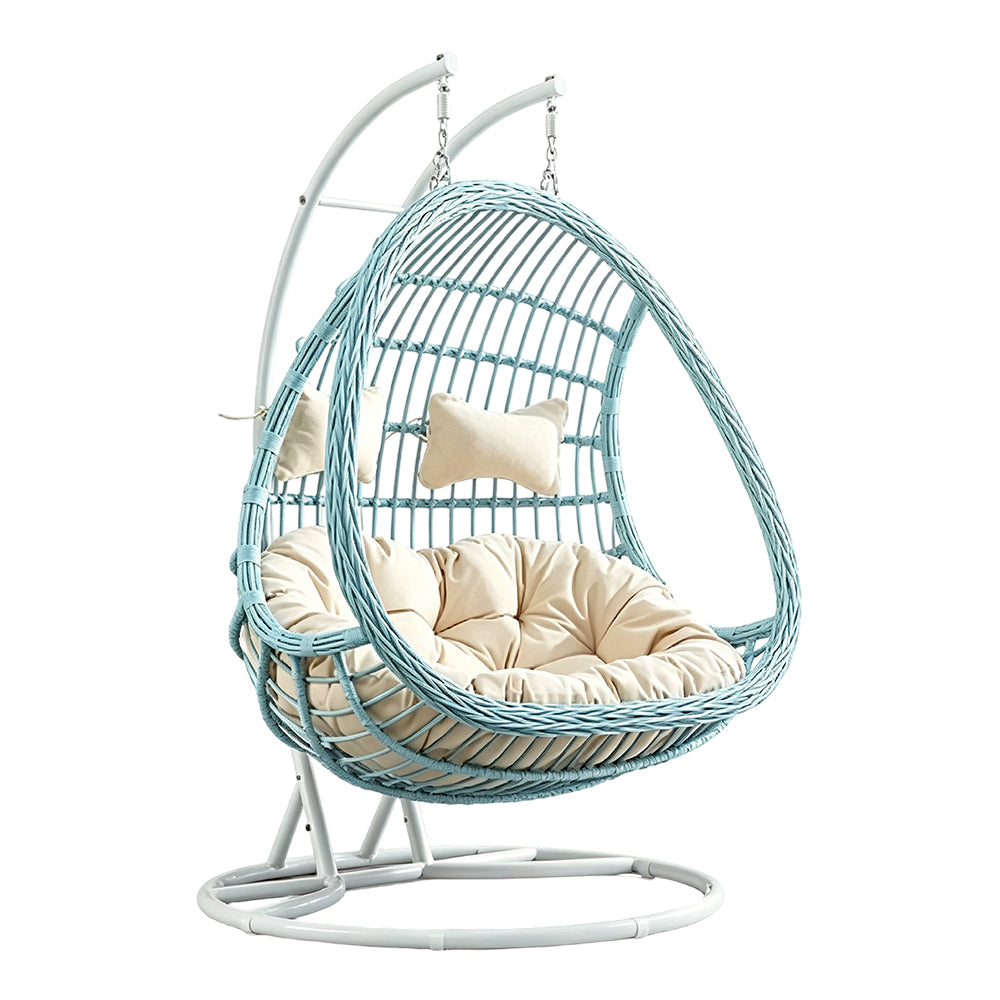 SOLARA Double Hanging Basket Chair Bean-Shaped PE Rattan Wood-Look Design for Balcony Living Room Garden - Blue