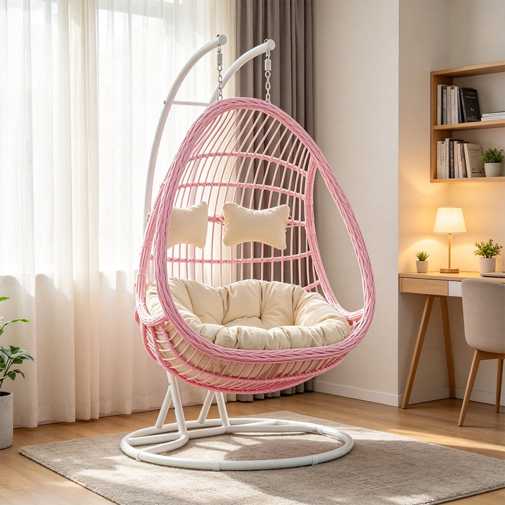 SOLARA Double Hanging Basket Chair Bean-Shaped PE Rattan Wood-Look Design for Balcony Living Room Garden - Pink