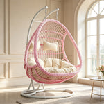 SOLARA Double Hanging Basket Chair Bean-Shaped PE Rattan Wood-Look Design for Balcony Living Room Garden - Pink