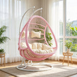 SOLARA Double Hanging Basket Chair Bean-Shaped PE Rattan Wood-Look Design for Balcony Living Room Garden - Pink
