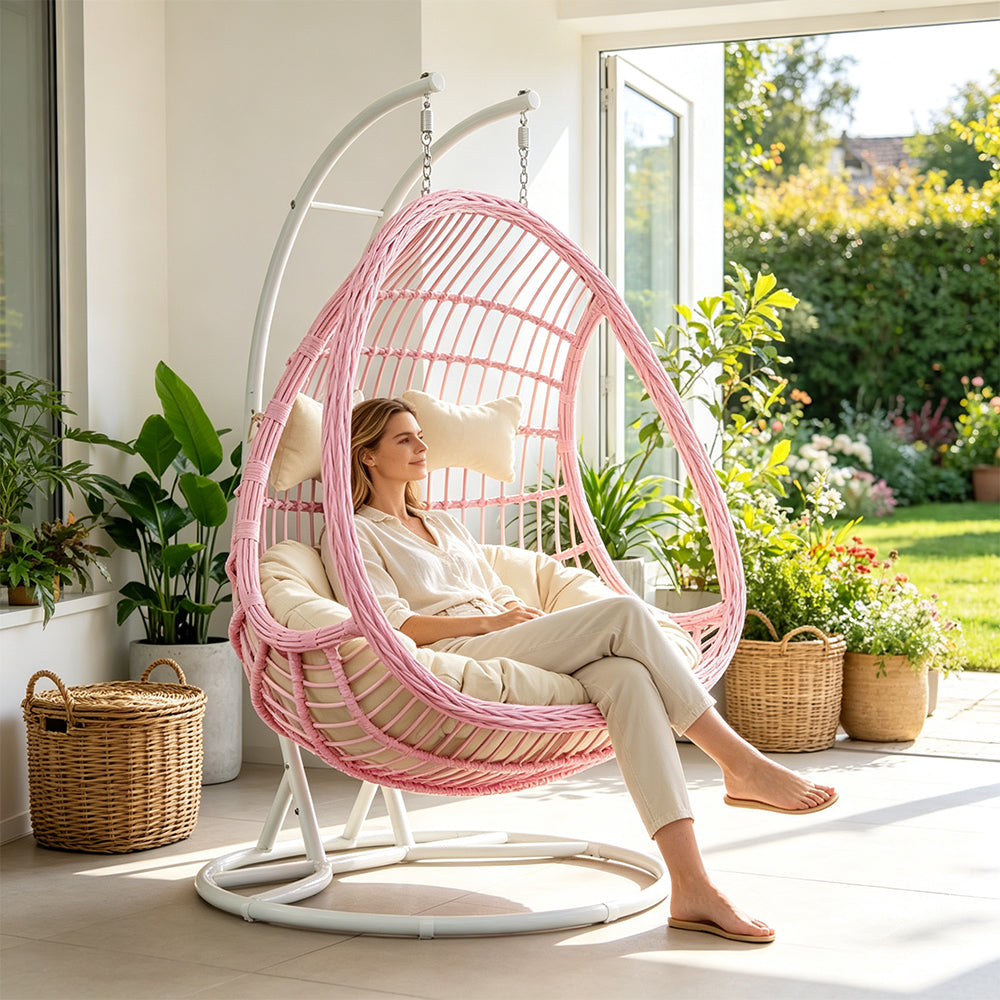 SOLARA Double Hanging Basket Chair Bean-Shaped PE Rattan Wood-Look Design for Balcony Living Room Garden - Pink