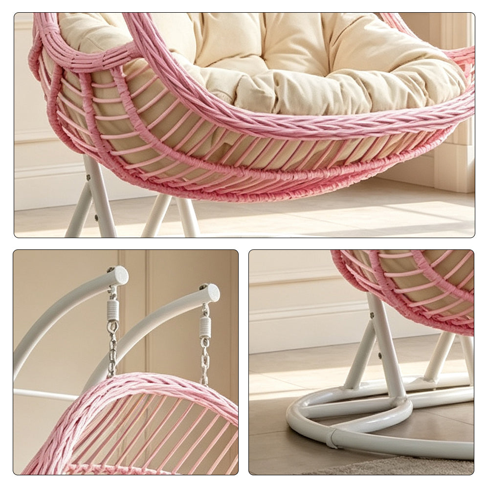 SOLARA Double Hanging Basket Chair Bean-Shaped PE Rattan Wood-Look Design for Balcony Living Room Garden - Pink