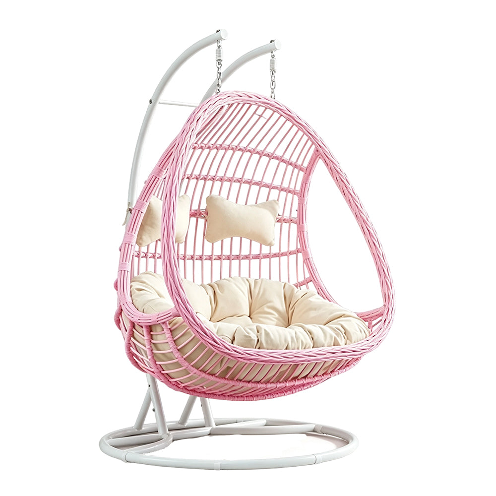 SOLARA Double Hanging Basket Chair Bean-Shaped PE Rattan Wood-Look Design for Balcony Living Room Garden - Pink