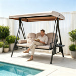 SOLARA Outdoor Swing Bed Reinforced Steel Frame Adjustable Canopy with Cushions for Patio Garden Poolside - Coffee