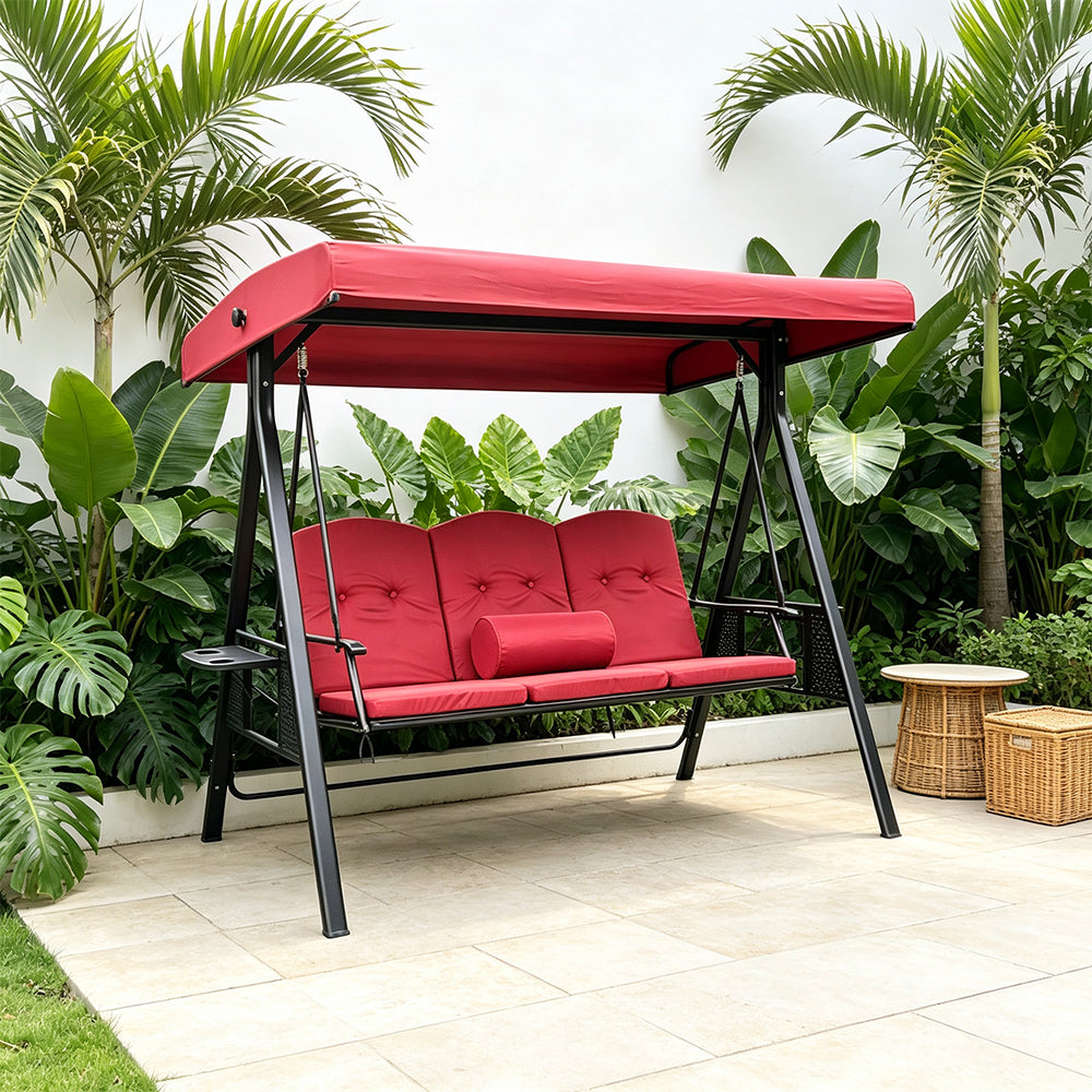SOLARA Outdoor Swing Bed Reinforced Steel Frame Adjustable Canopy with Cushions for Patio Garden Poolside - Red