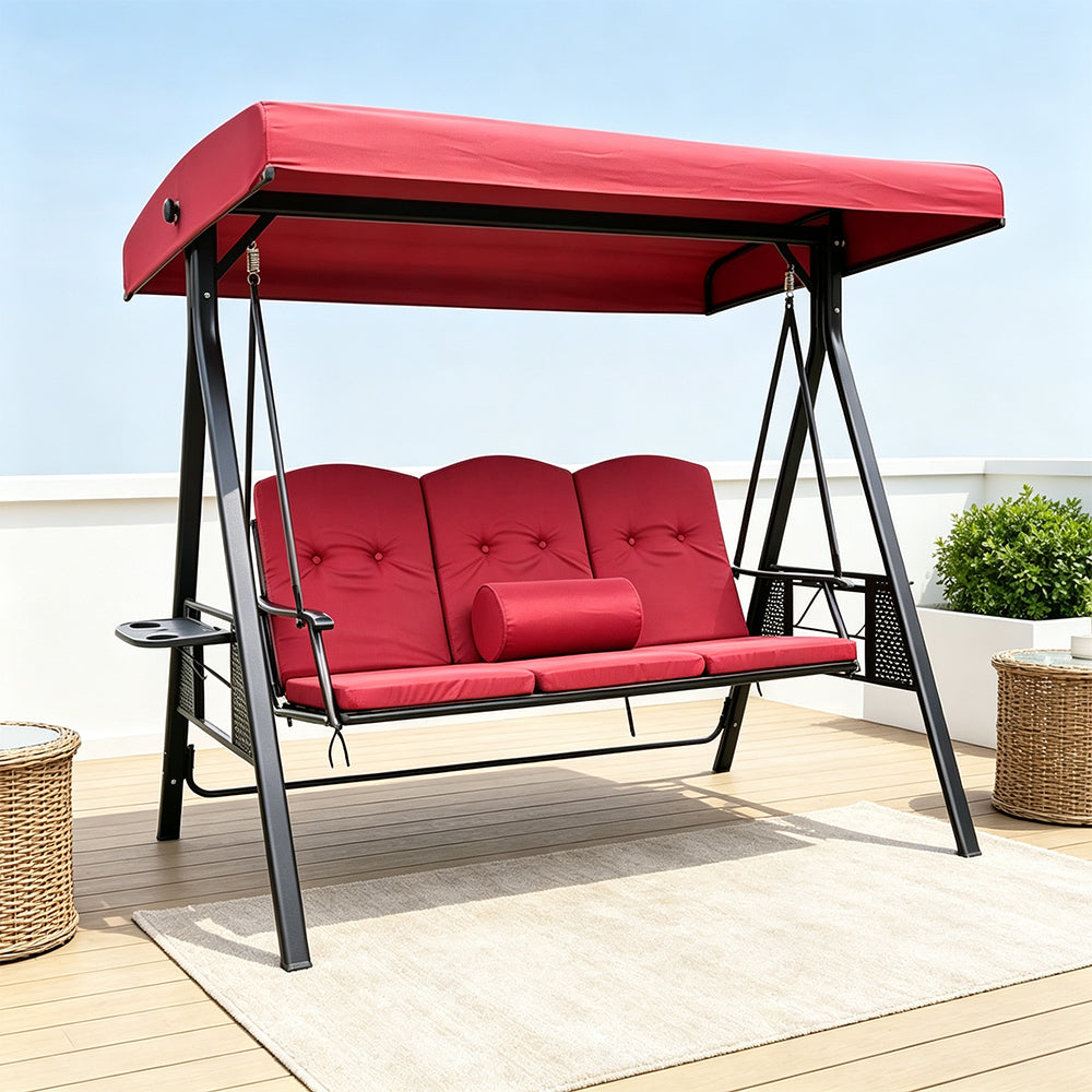 SOLARA Outdoor Swing Bed Reinforced Steel Frame Adjustable Canopy with Cushions for Patio Garden Poolside - Red