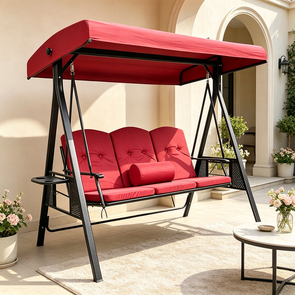 SOLARA Outdoor Swing Bed Reinforced Steel Frame Adjustable Canopy with Cushions for Patio Garden Poolside - Red