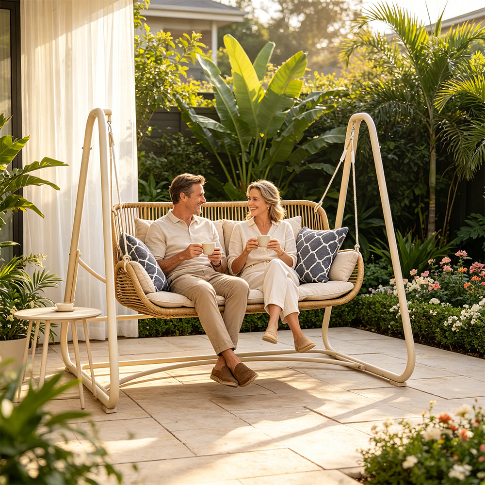 SOLARA 2-Seater Outdoor Swing Chair PE Rattan Reinforced Steel Frame with Cushions for Balcony Patio Garden