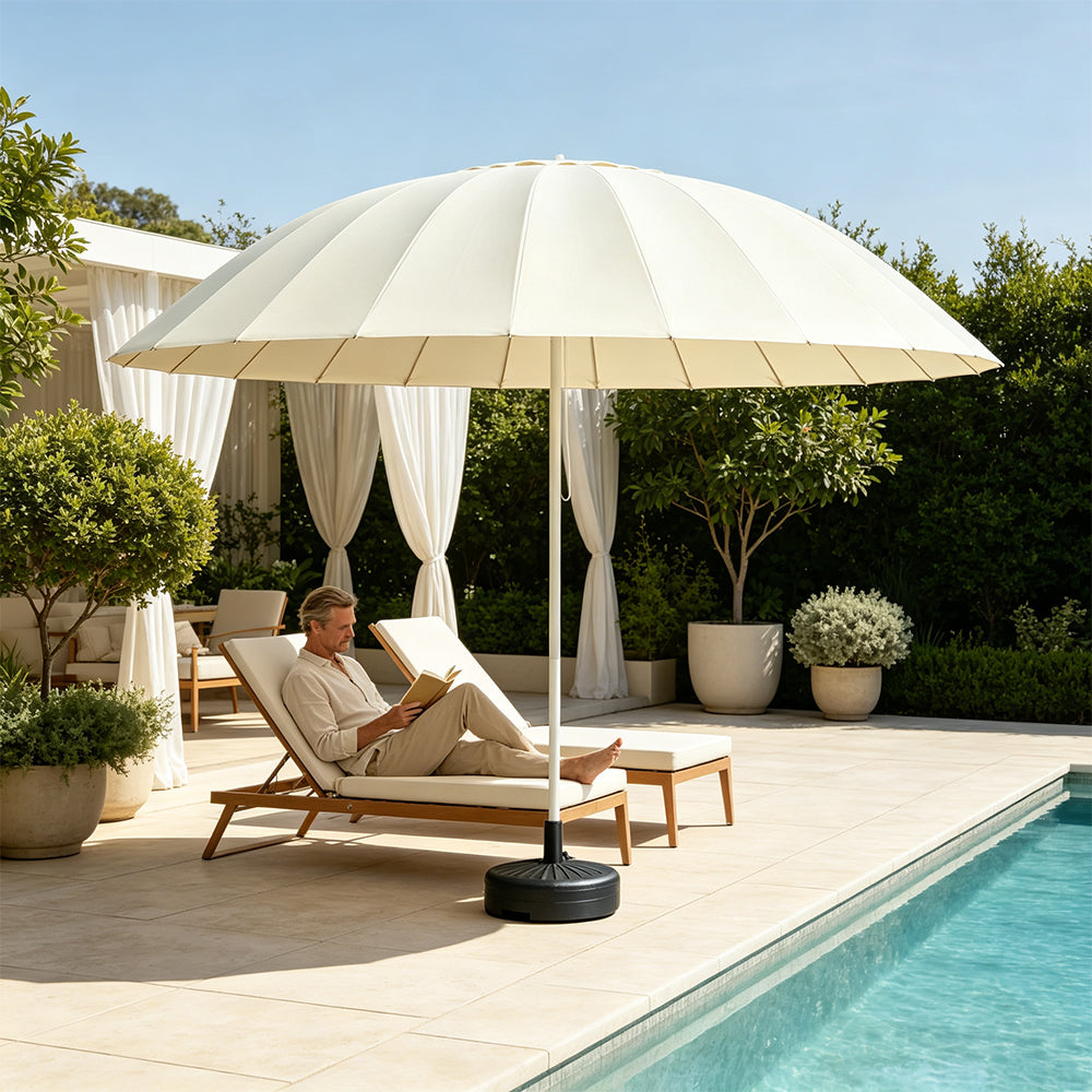 SOLARA 3m Outdoor Centre Pole aUmbrella 24-Rib Frame with Water-Fill Base for Patio Garden - White