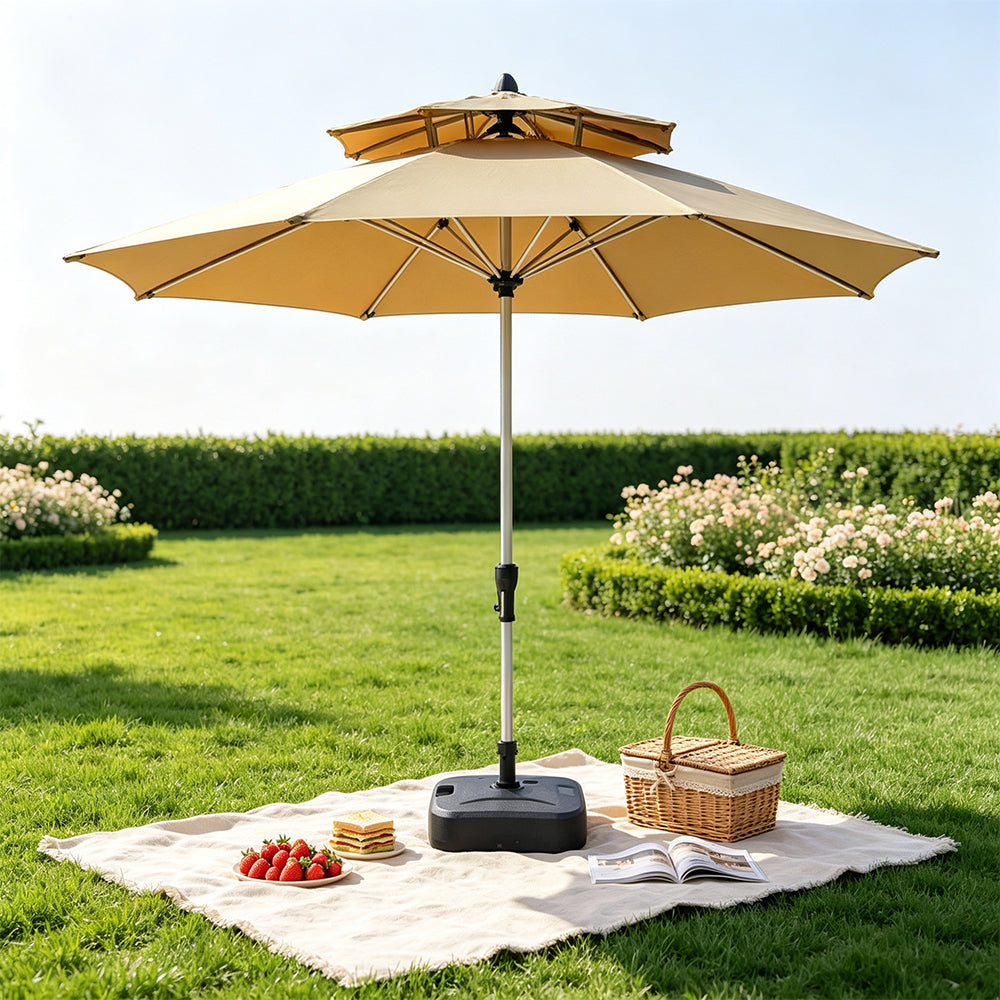 SOLARA 2.7m Outdoor Patio Umbrella with Double-Top Vent & Water-Filled Base for Garden & Poolside - Brown