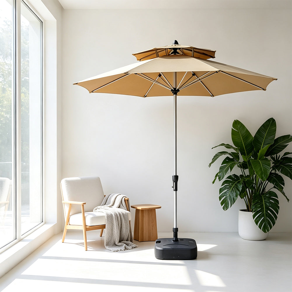 SOLARA 2.7m Outdoor Patio Umbrella with Double-Top Vent & Water-Filled Base for Garden & Poolside - Brown